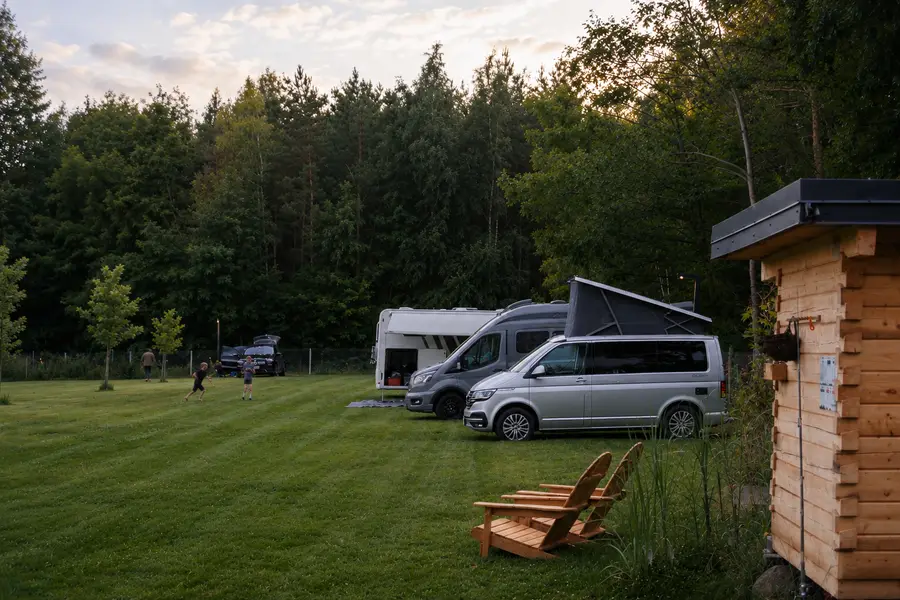 Camper pitches among the trees at Baobab Camp